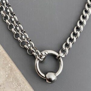 NEW, silver necklace, steel NON-TARNISH CHAIN, plated circle ball punk edgy goth